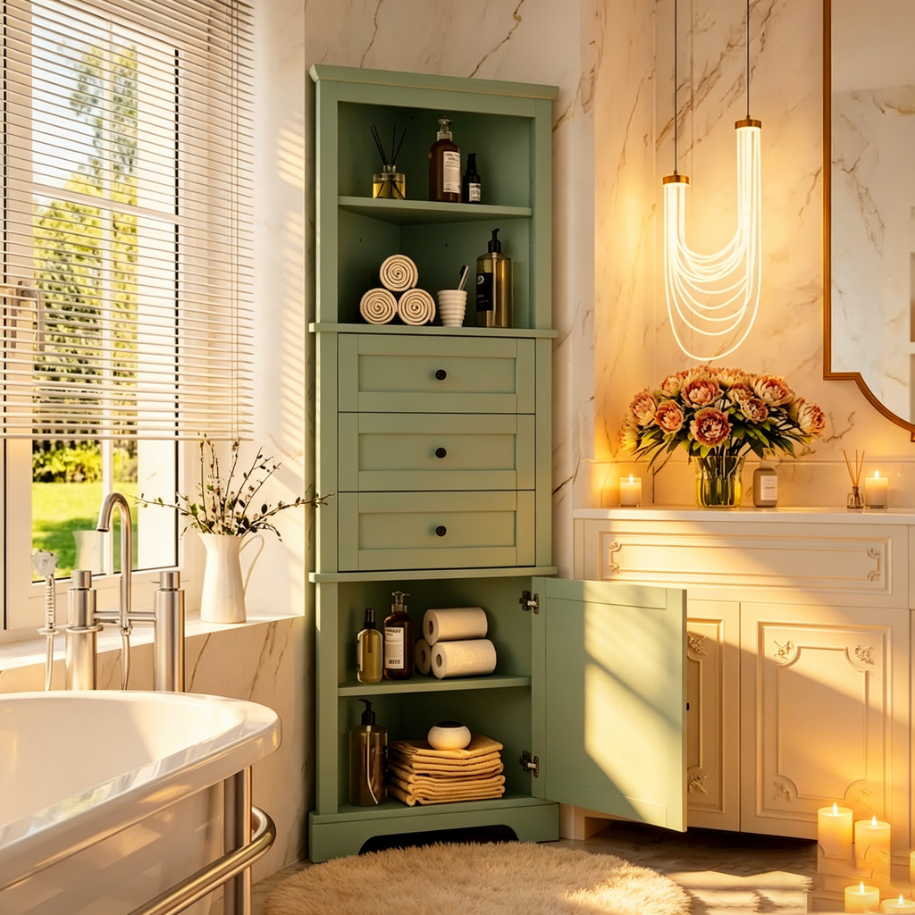 Armoire haute triangulaire avec 3 tiroirs et étagères réglables pour salle de bains,