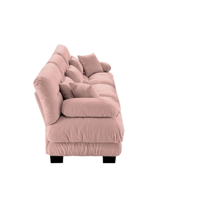 Sofa für vier Personen mit runden Armlehnen und tiefen Sitzkissen