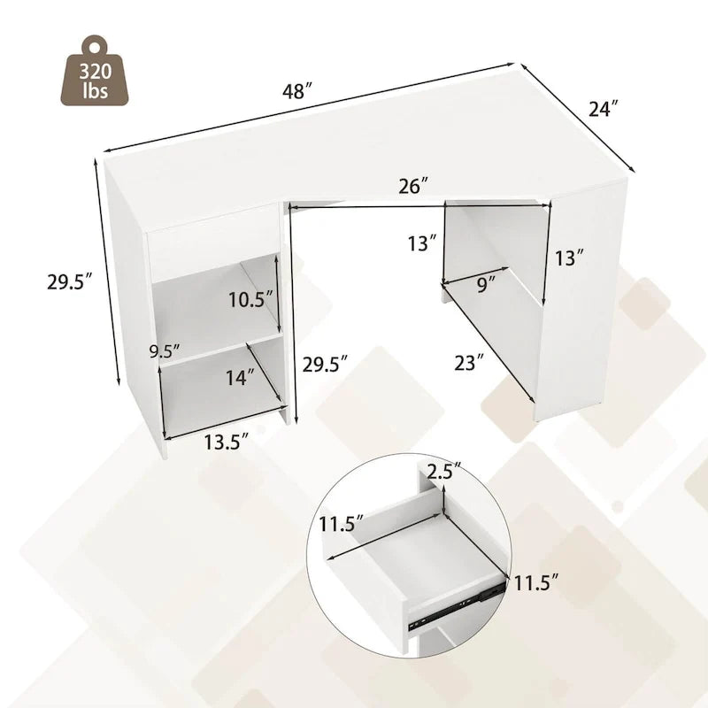 L Shaped Computer Desk with Drawer & Storage Shelves for Home