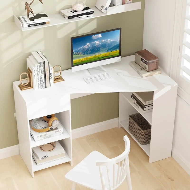 L Shaped Computer Desk with Drawer & Storage Shelves for Home