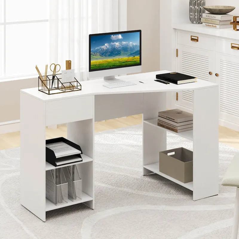 L Shaped Computer Desk with Drawer & Storage Shelves for Home
