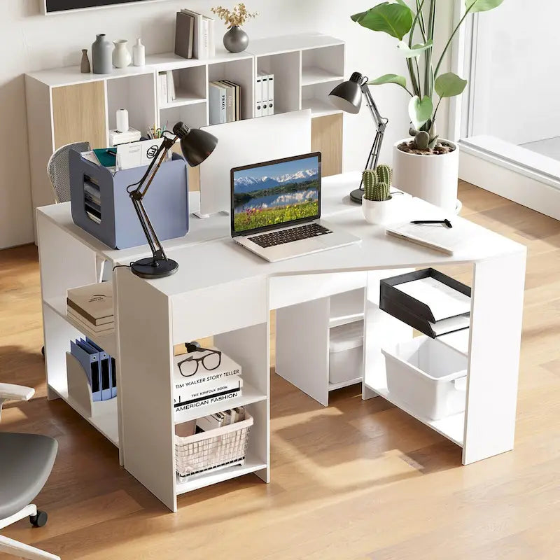 L Shaped Computer Desk with Drawer & Storage Shelves for Home