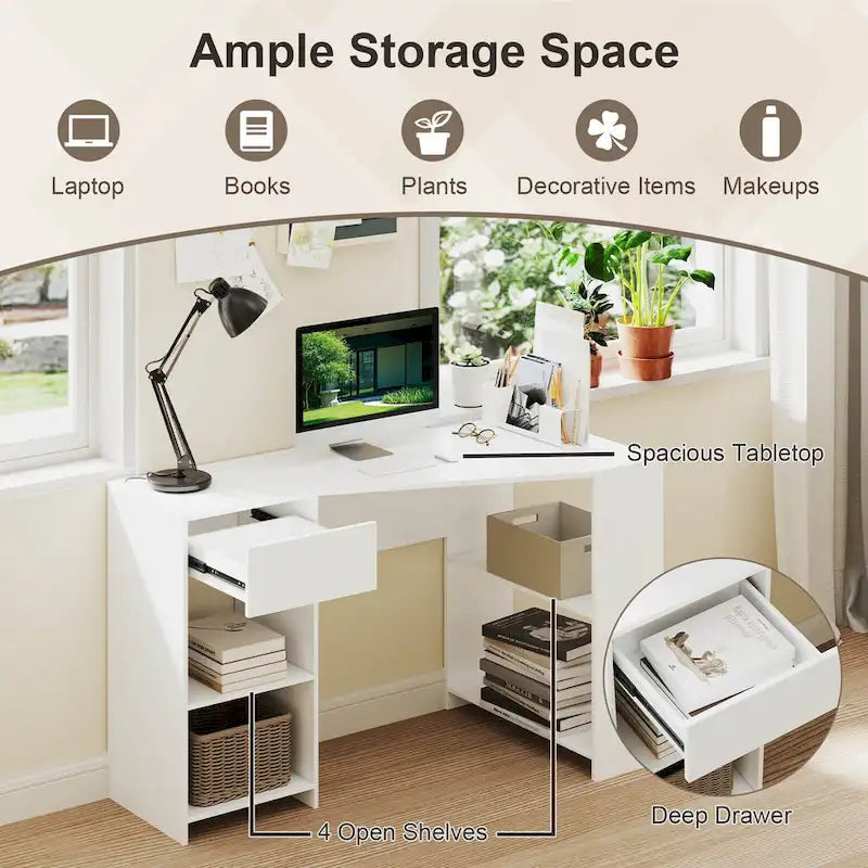 L Shaped Computer Desk with Drawer & Storage Shelves for Home
