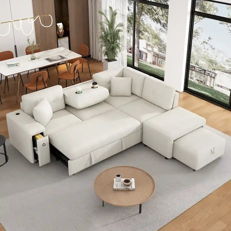 L-Shaped Pull-Out Sofa Bed with Movable Ottoman, Two USB Ports