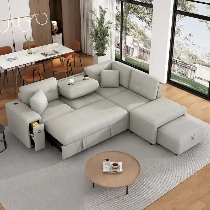 L-Shaped Pull-Out Sofa Bed with Movable Ottoman, Two USB Ports