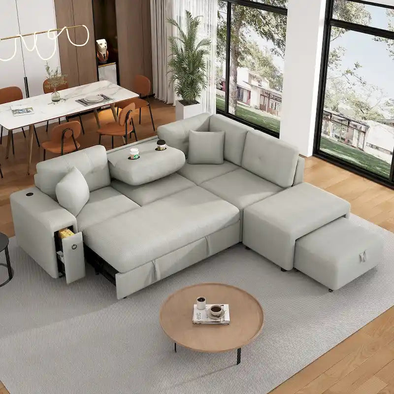 L-Shaped Pull-Out Sofa Bed with Movable Ottoman, Two USB Ports