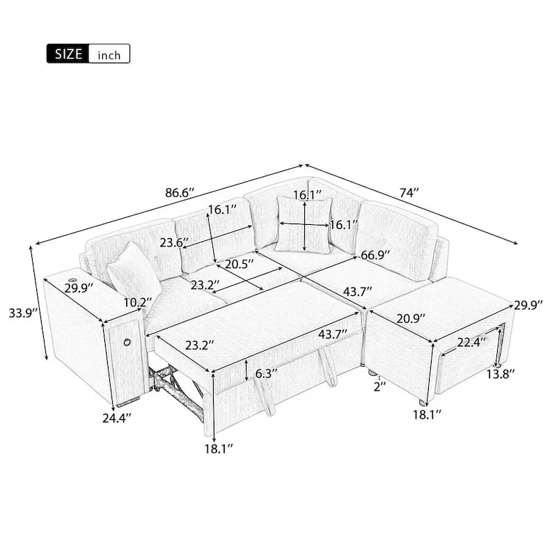 L-Shaped Pull-Out Sofa Bed with Movable Ottoman, Two USB Ports