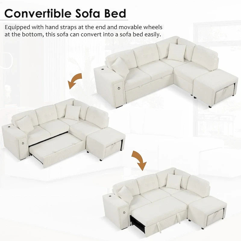 L-Shaped Pull-Out Sofa Bed with Movable Ottoman, Two USB Ports