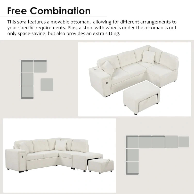 L-Shaped Pull-Out Sofa Bed with Movable Ottoman, Two USB Ports