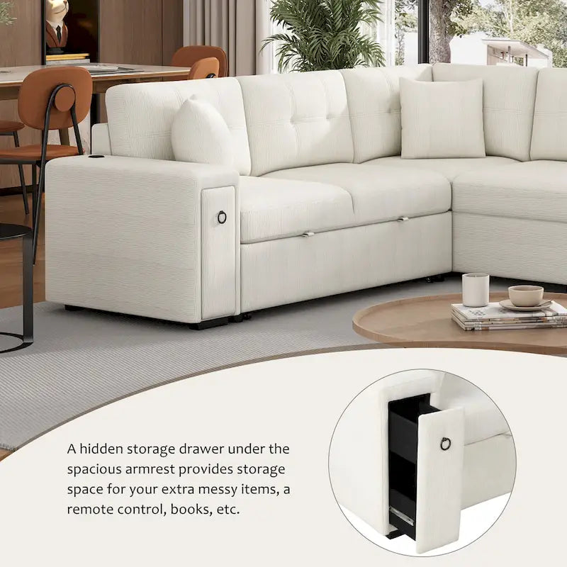 L-Shaped Pull-Out Sofa Bed with Movable Ottoman, Two USB Ports