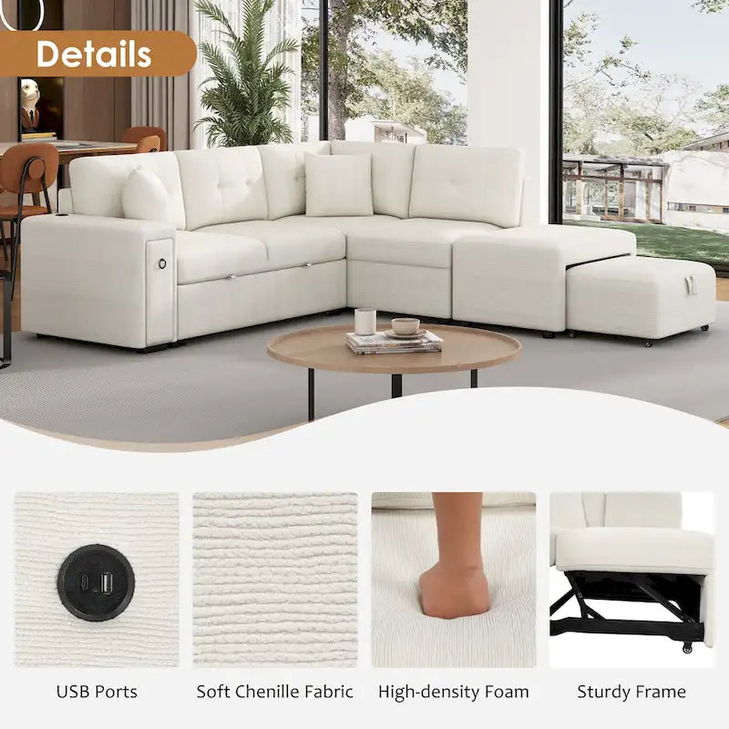 L-Shaped Pull-Out Sofa Bed with Movable Ottoman, Two USB Ports