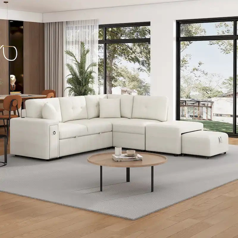 L-Shaped Pull-Out Sofa Bed with Movable Ottoman, Two USB Ports
