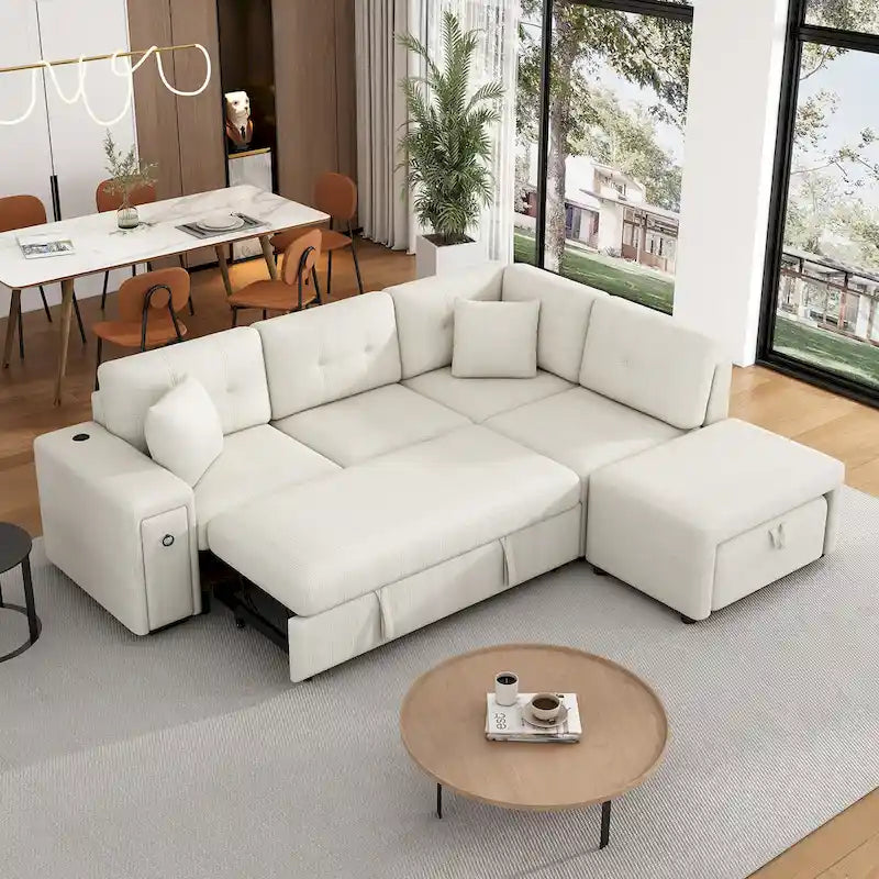 L-Shaped Pull-Out Sofa Bed with Movable Ottoman, Two USB Ports