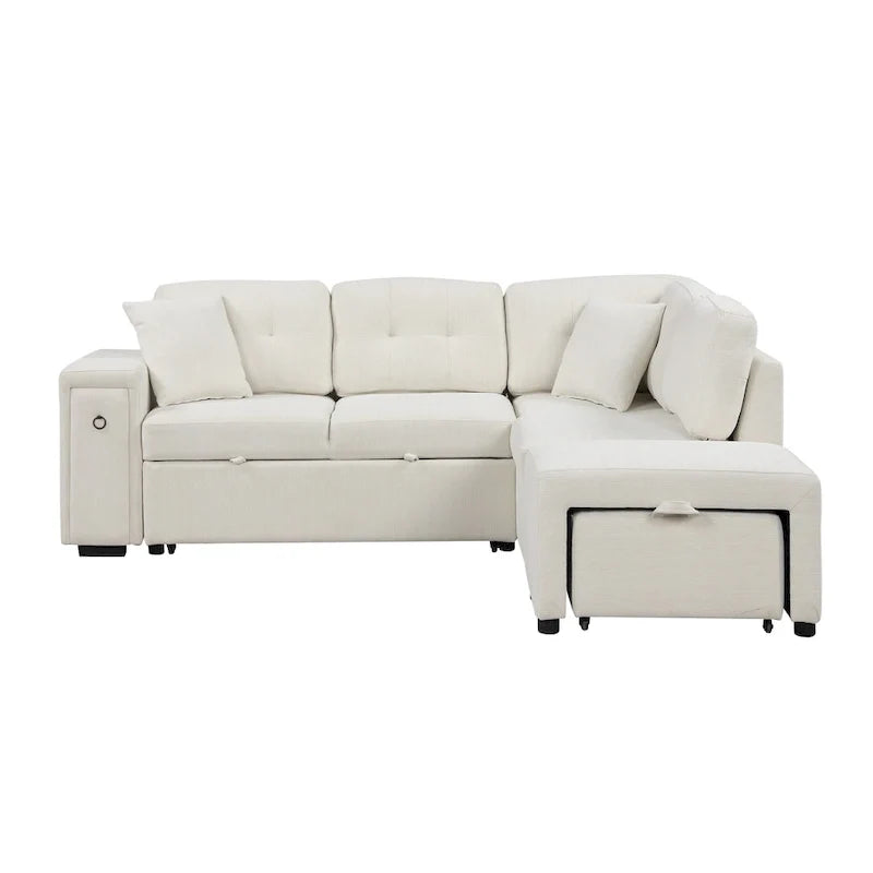 L-Shaped Pull-Out Sofa Bed with Movable Ottoman, Two USB Ports