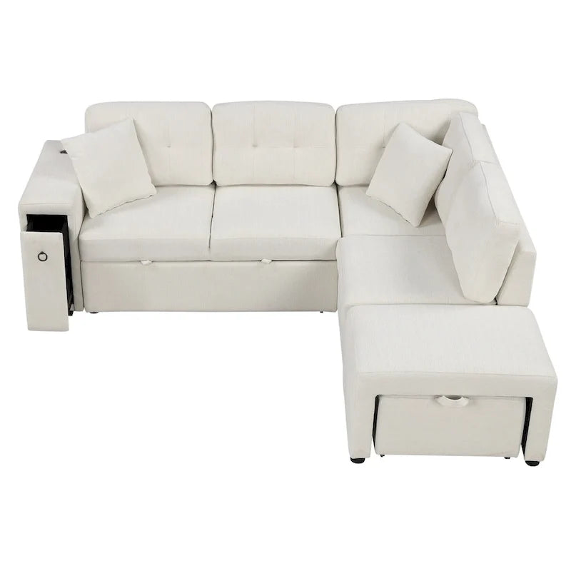 L-Shaped Pull-Out Sofa Bed with Movable Ottoman, Two USB Ports