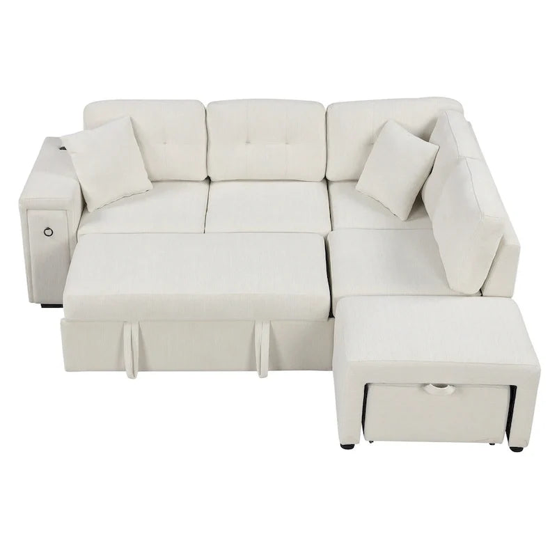 L-Shaped Pull-Out Sofa Bed with Movable Ottoman, Two USB Ports
