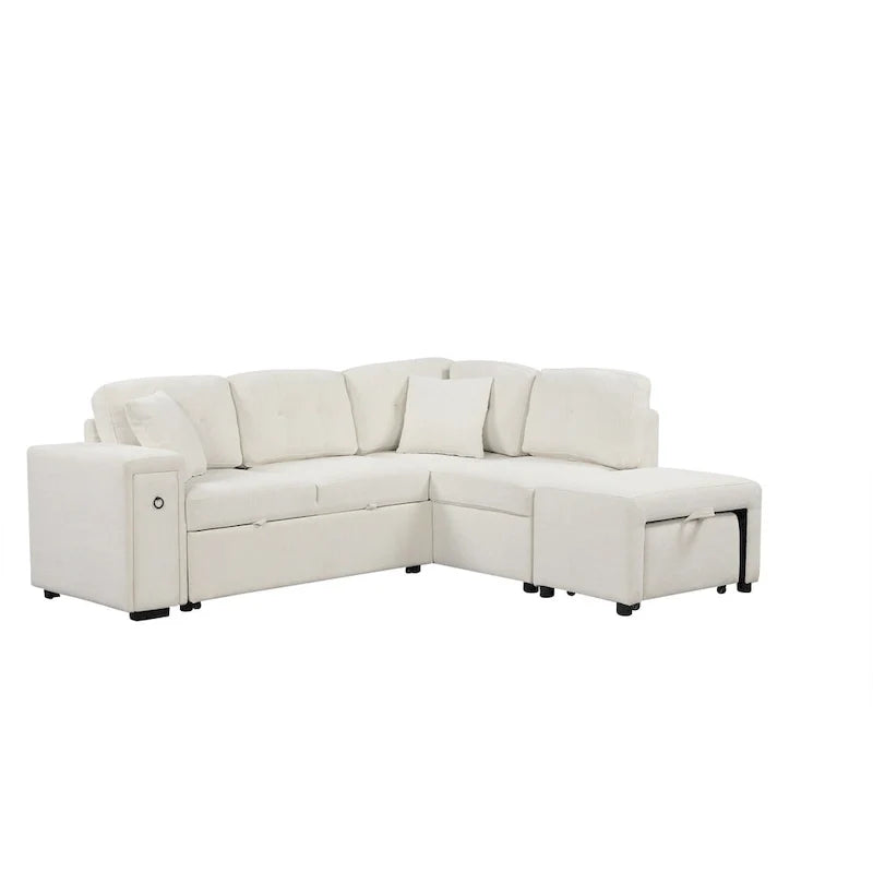 L-Shaped Pull-Out Sofa Bed with Movable Ottoman, Two USB Ports