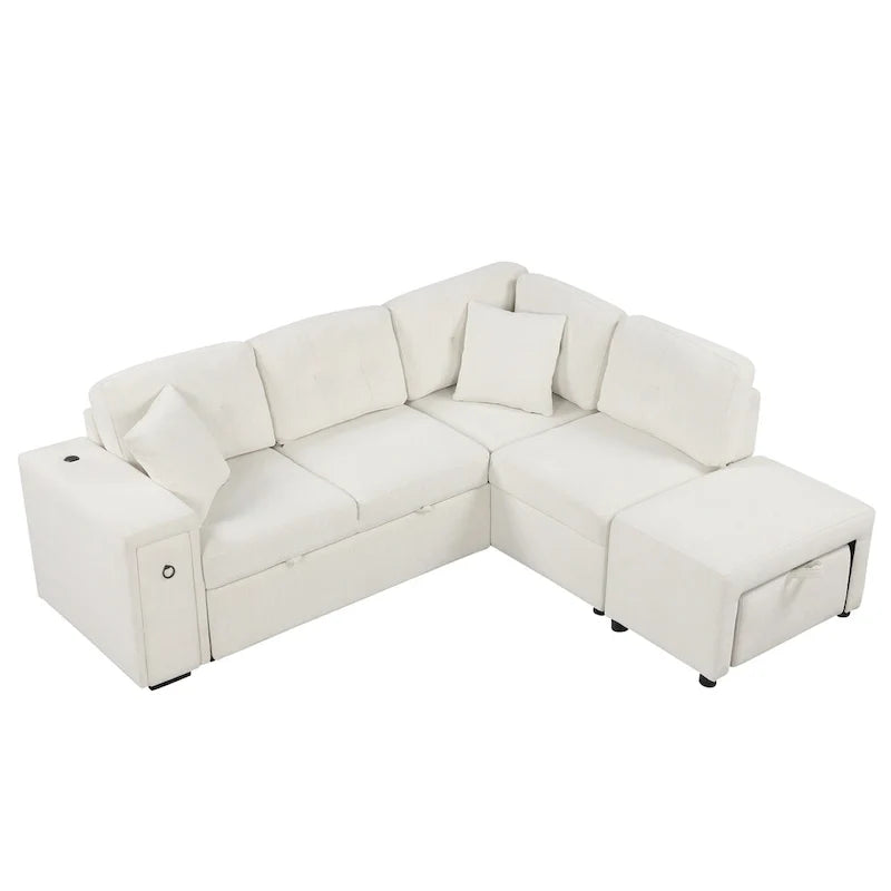 L-Shaped Pull-Out Sofa Bed with Movable Ottoman, Two USB Ports