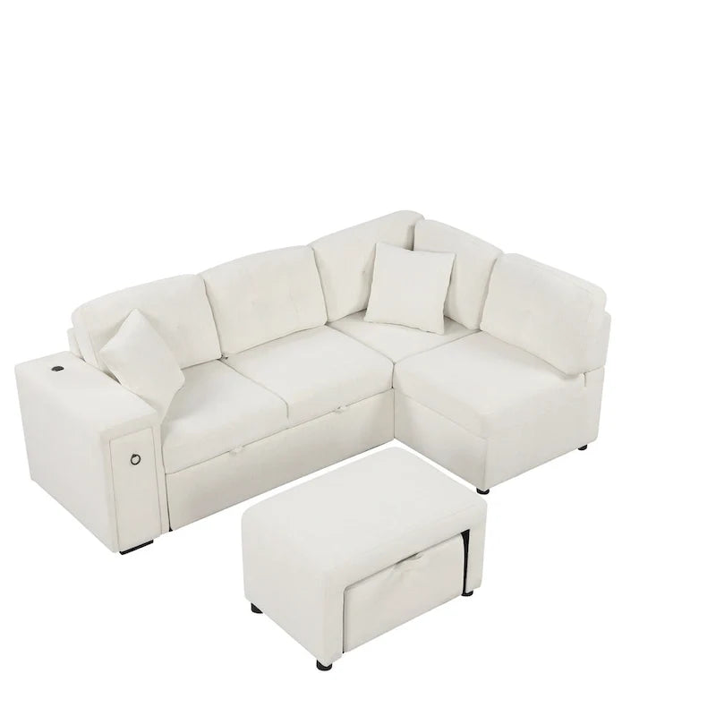 L-Shaped Pull-Out Sofa Bed with Movable Ottoman, Two USB Ports
