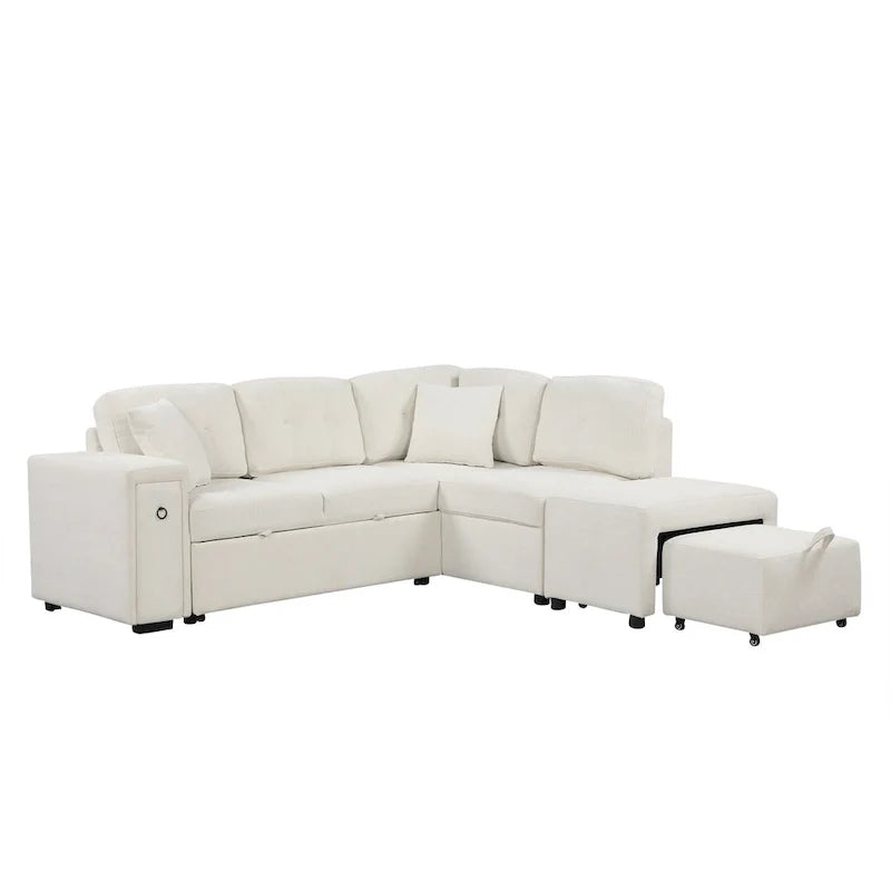 L-Shaped Pull-Out Sofa Bed with Movable Ottoman, Two USB Ports