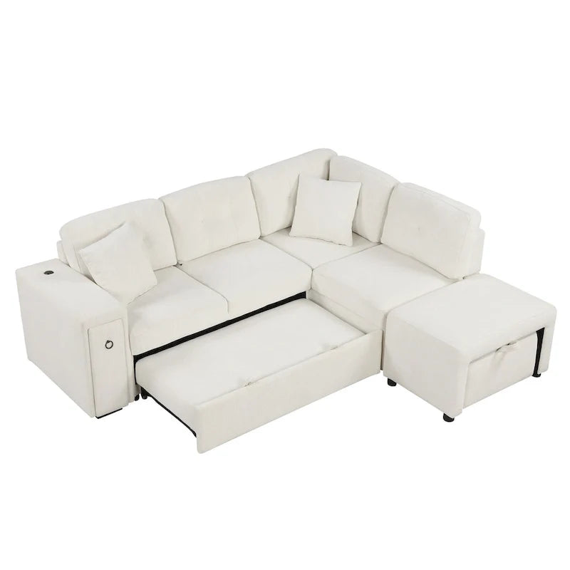 L-Shaped Pull-Out Sofa Bed with Movable Ottoman, Two USB Ports