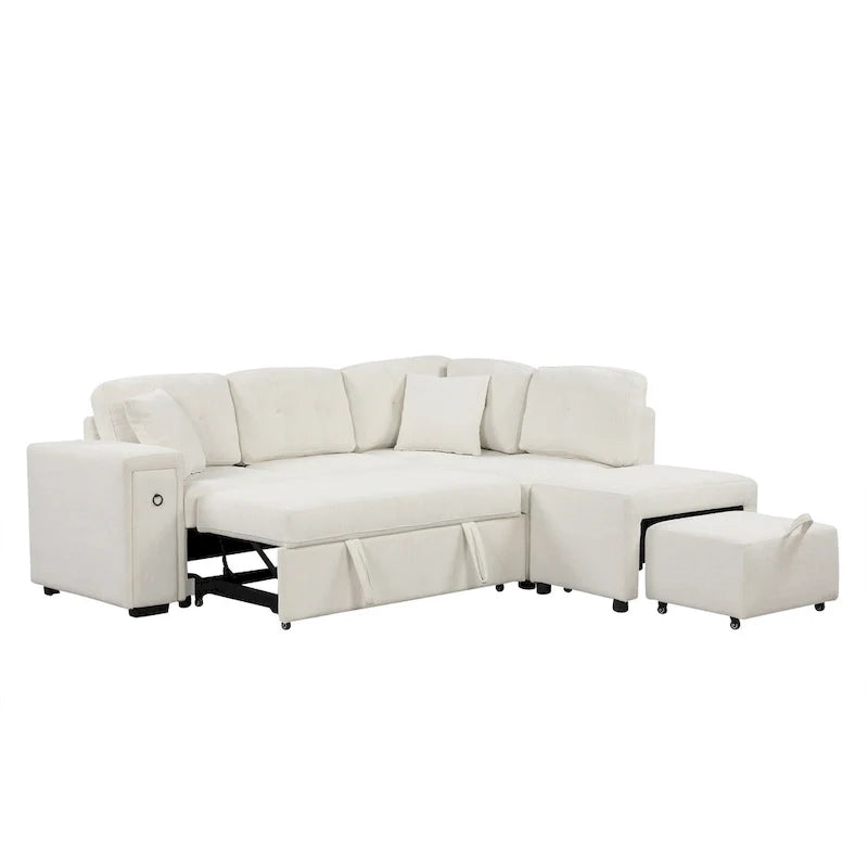 L-Shaped Pull-Out Sofa Bed with Movable Ottoman, Two USB Ports