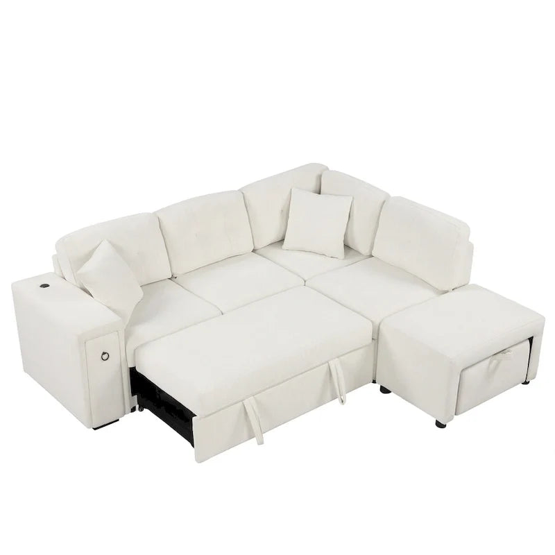 L-Shaped Pull-Out Sofa Bed with Movable Ottoman, Two USB Ports