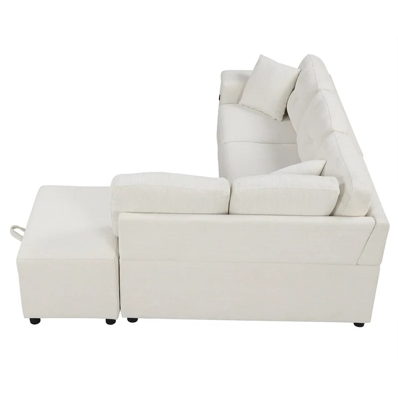L-Shaped Pull-Out Sofa Bed with Movable Ottoman, Two USB Ports