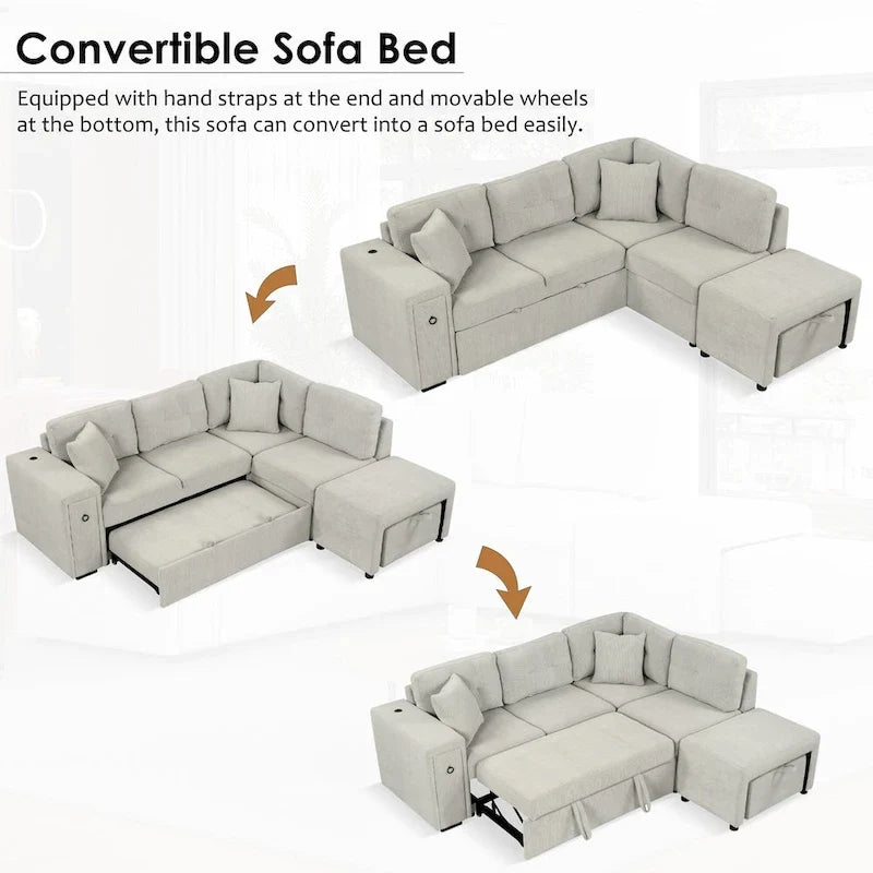 L-Shaped Pull-Out Sofa Bed with Movable Ottoman, Two USB Ports