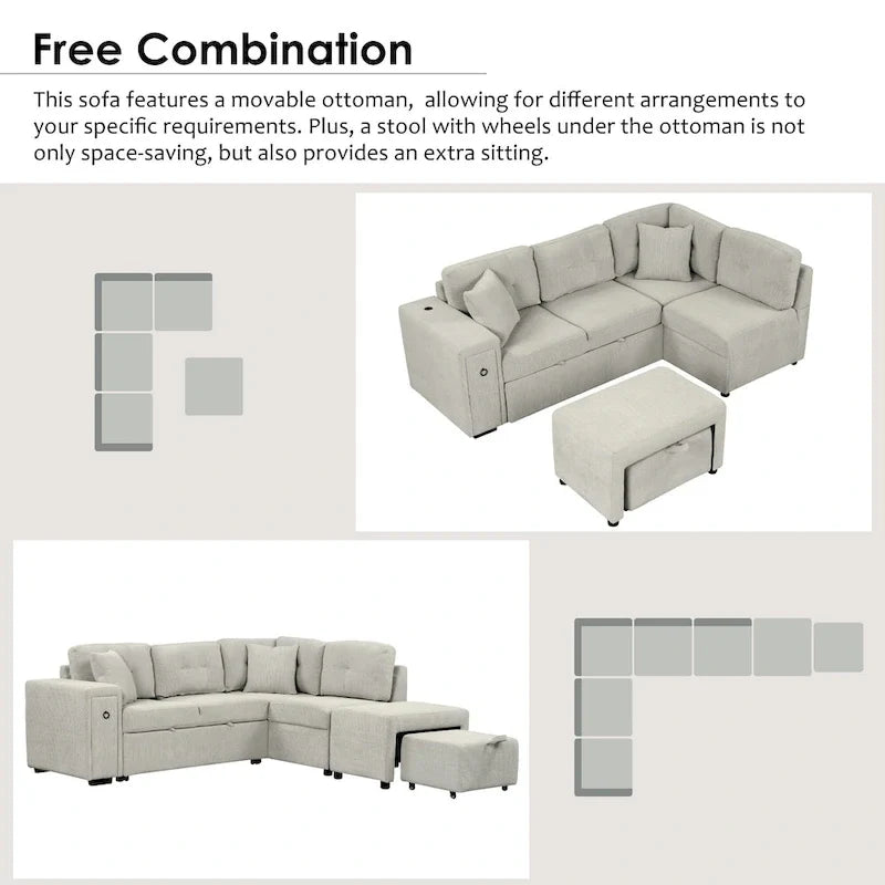 L-Shaped Pull-Out Sofa Bed with Movable Ottoman, Two USB Ports