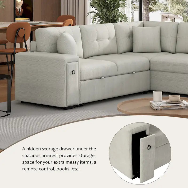 L-Shaped Pull-Out Sofa Bed with Movable Ottoman, Two USB Ports