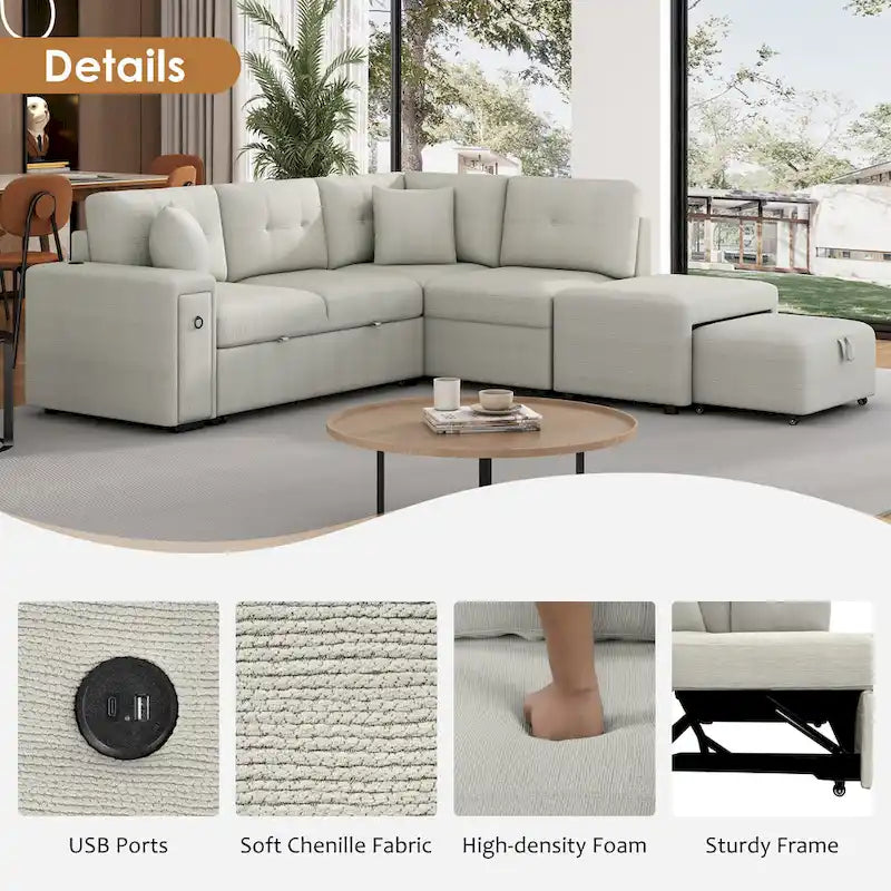 L-Shaped Pull-Out Sofa Bed with Movable Ottoman, Two USB Ports