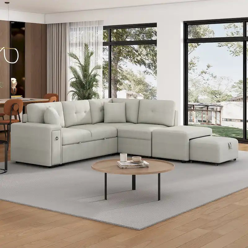 L-Shaped Pull-Out Sofa Bed with Movable Ottoman, Two USB Ports