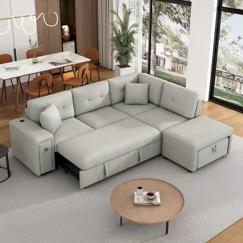 L-Shaped Pull-Out Sofa Bed with Movable Ottoman, Two USB Ports