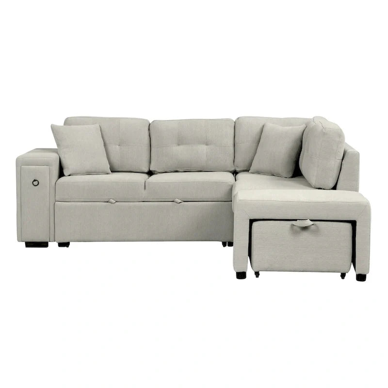 L-Shaped Pull-Out Sofa Bed with Movable Ottoman, Two USB Ports
