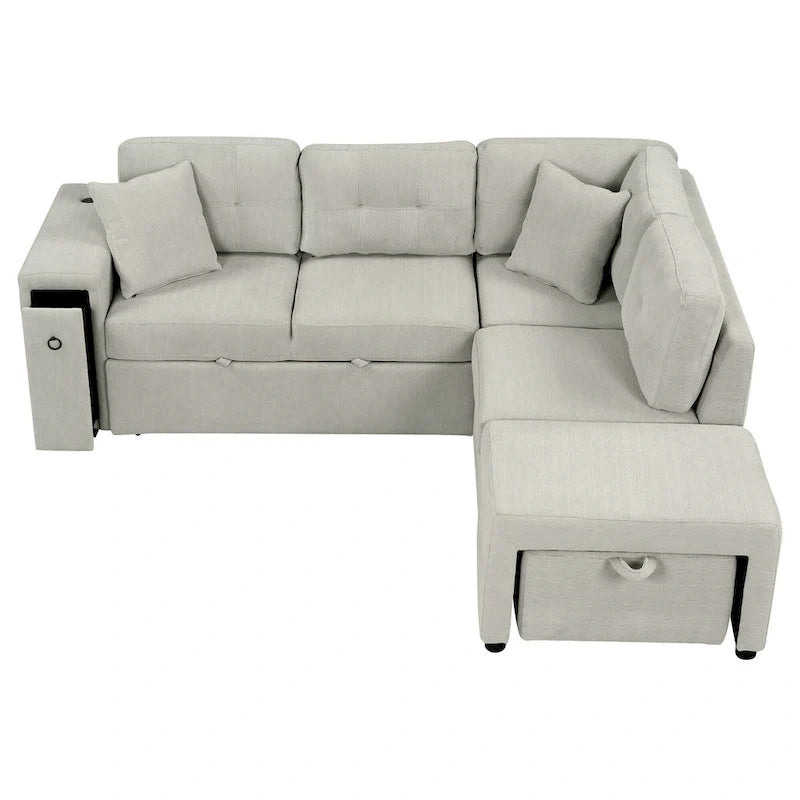 L-Shaped Pull-Out Sofa Bed with Movable Ottoman, Two USB Ports