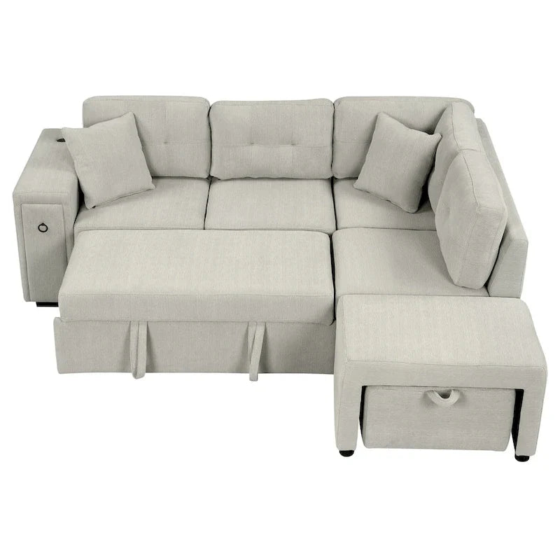 L-Shaped Pull-Out Sofa Bed with Movable Ottoman, Two USB Ports