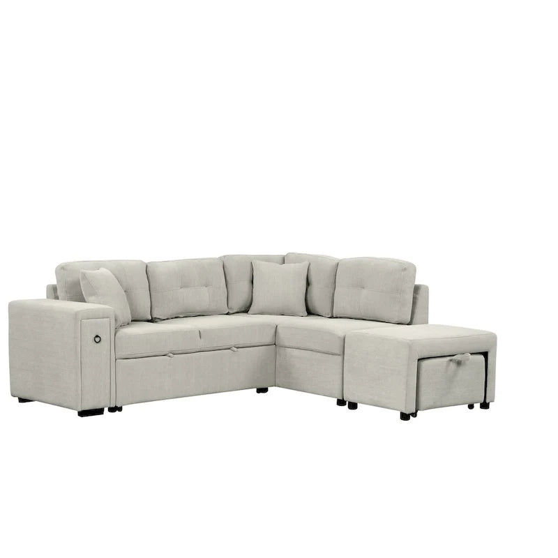 L-Shaped Pull-Out Sofa Bed with Movable Ottoman, Two USB Ports