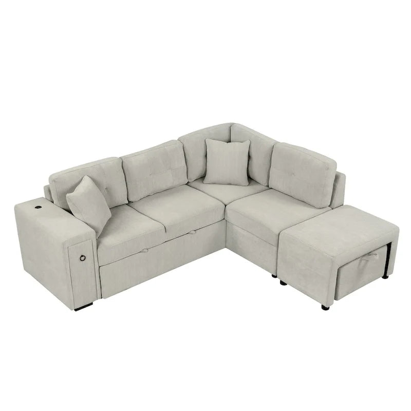 L-Shaped Pull-Out Sofa Bed with Movable Ottoman, Two USB Ports