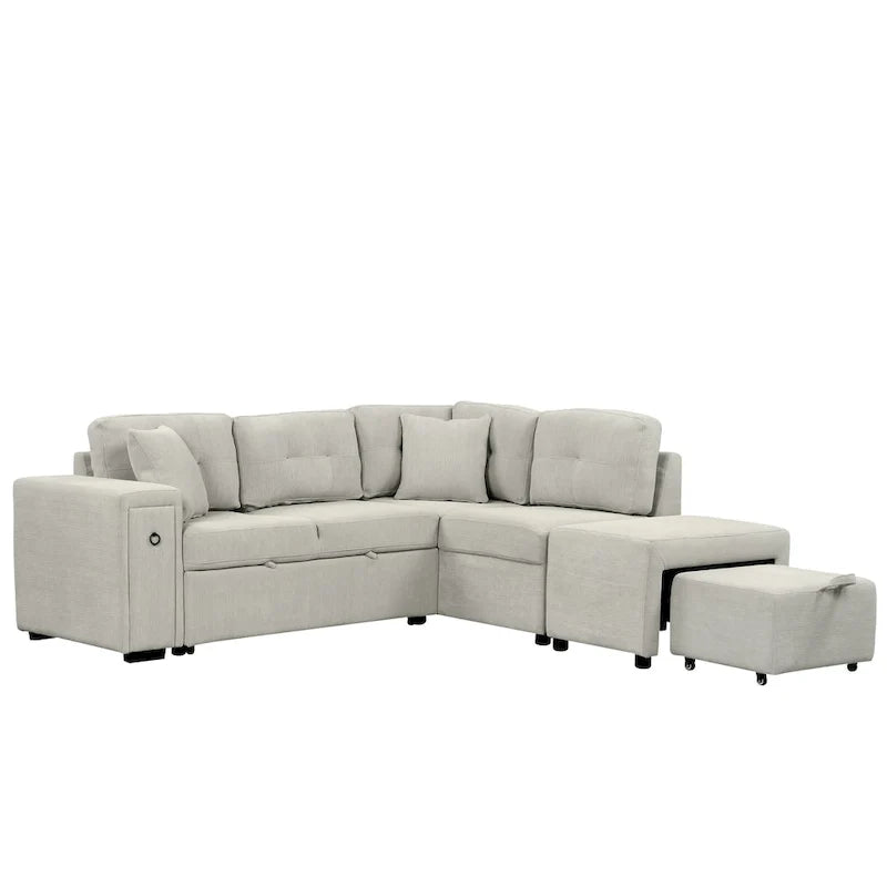 L-Shaped Pull-Out Sofa Bed with Movable Ottoman, Two USB Ports