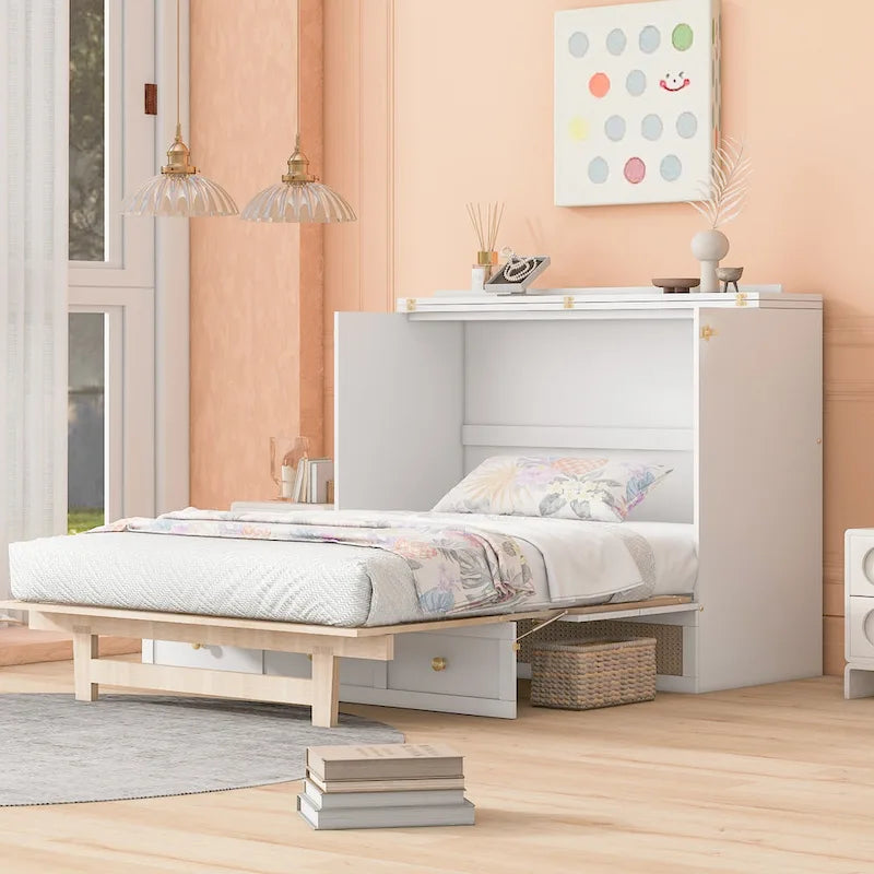 White Queen Size Murphy Bed with Storage and Large Drawers