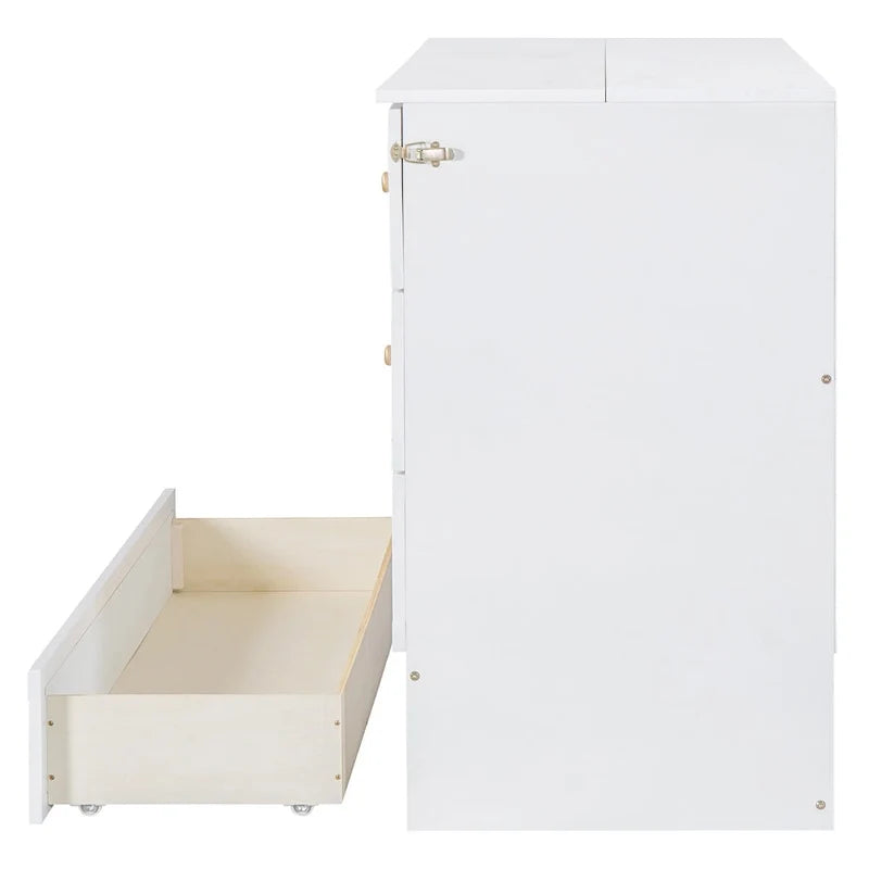 Cama blanca con espacio de almacenamiento y cajones grandes