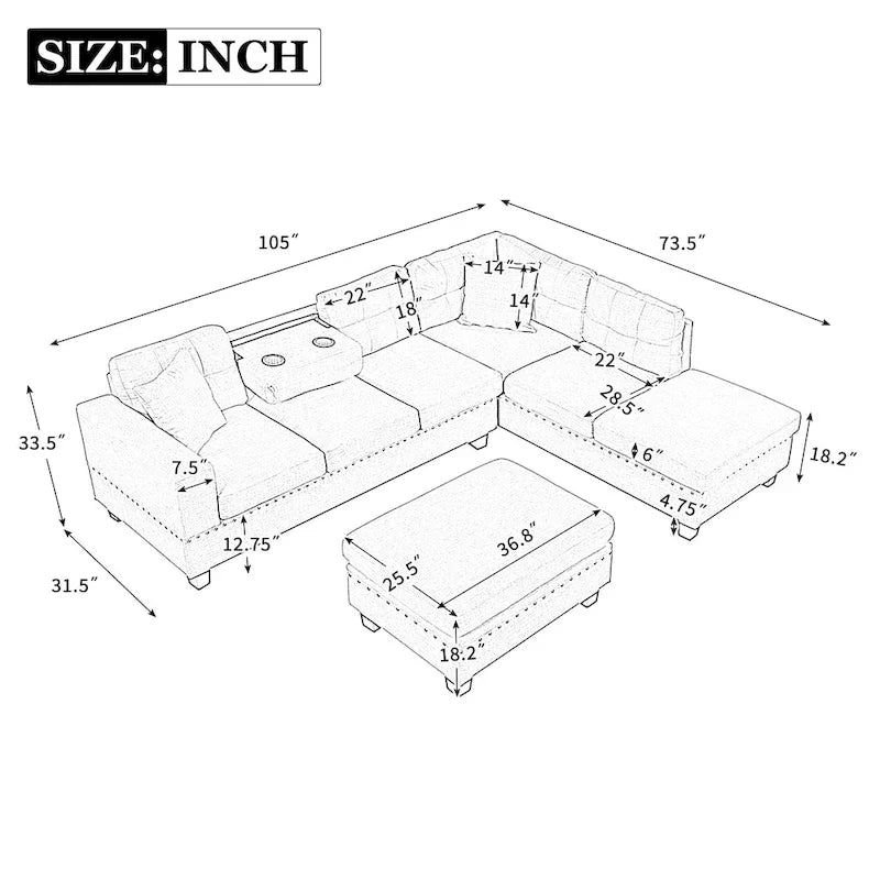 Sofá moderno en forma de L para 7 personas con chaise longue reversible