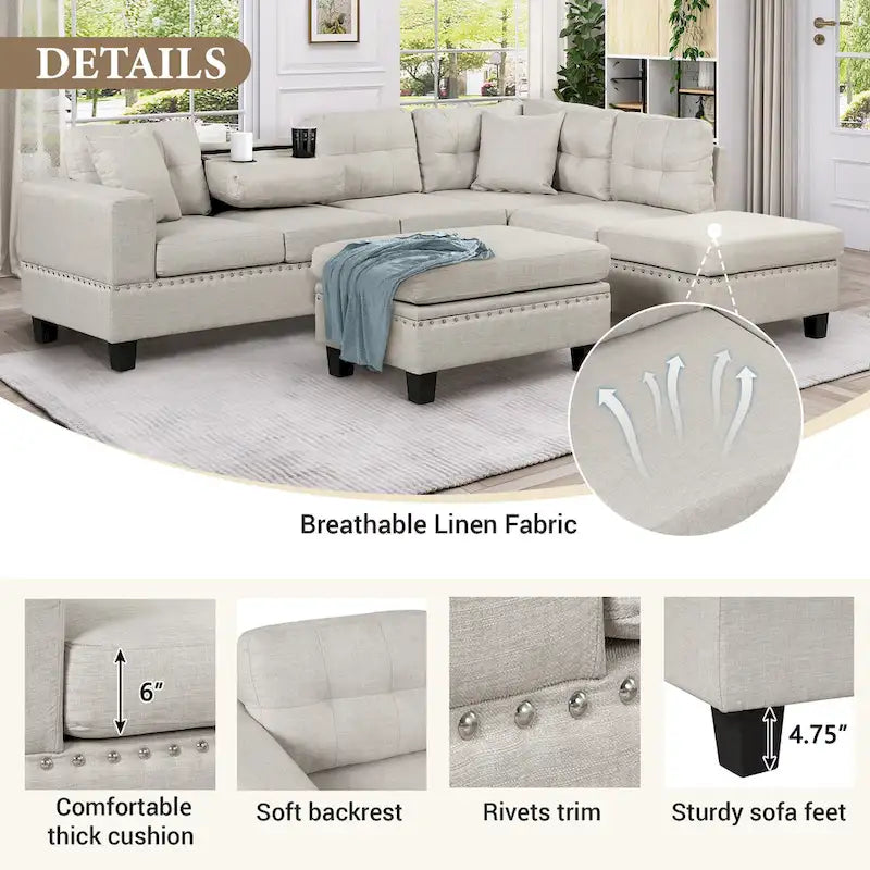 Sofá moderno en forma de L para 7 personas con chaise longue reversible