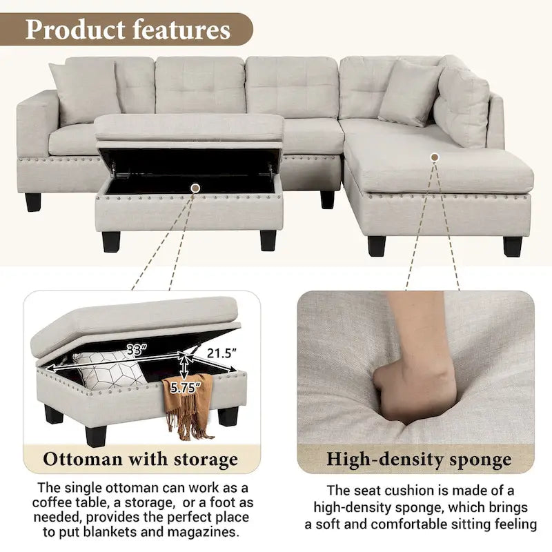 Sofá moderno en forma de L para 7 personas con chaise longue reversible