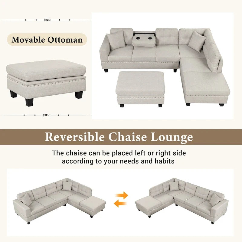 Sofá moderno en forma de L para 7 personas con chaise longue reversible