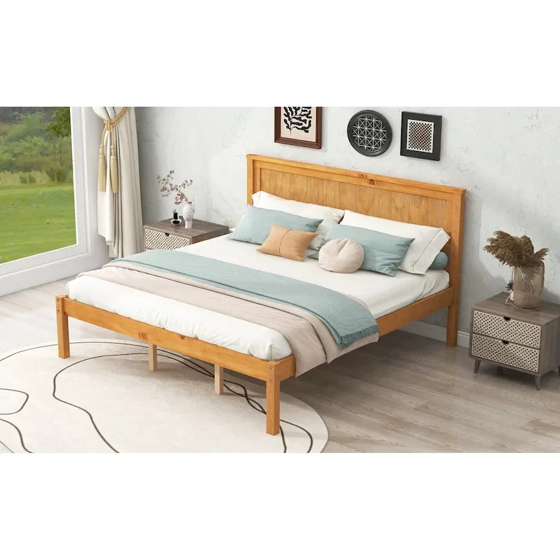 Cama con plataforma de madera de pino color espresso y cabecero