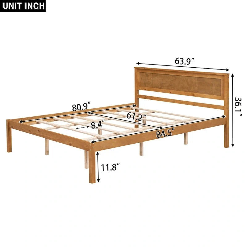 Cama con plataforma de madera de pino color espresso y cabecero