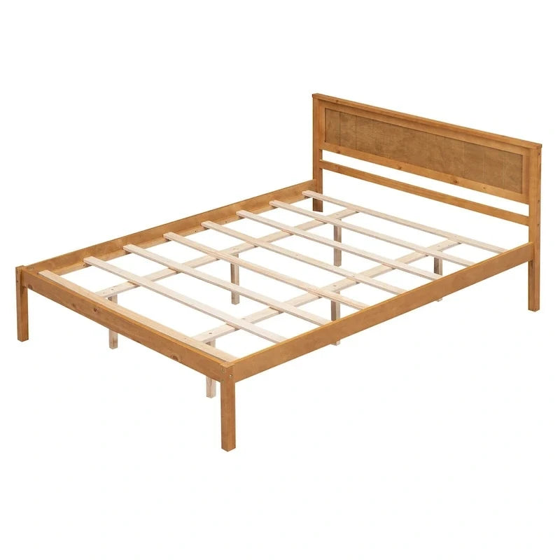 Cama con plataforma de madera de pino color espresso y cabecero