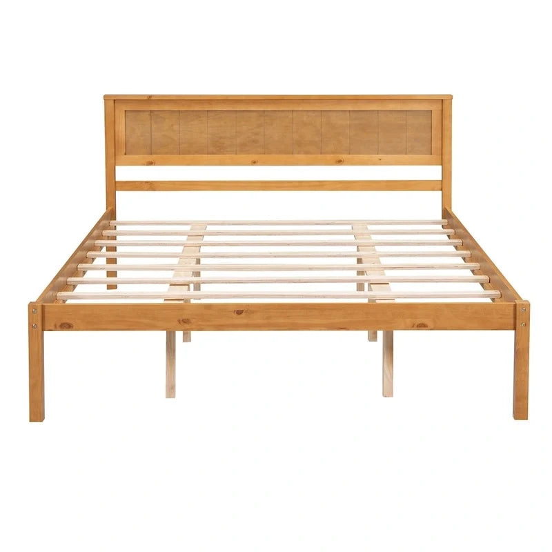 Cama con plataforma de madera de pino color espresso y cabecero